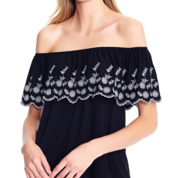 Adrianna Papell Off Shoulder Embroidered Boho peasant Blouse- BLUE - Small - Picture 2 of 5